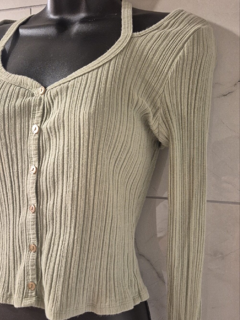 Lush Sage Green Ribbed Cold-Shoulder Button-Front Top - Picture 3 of 8